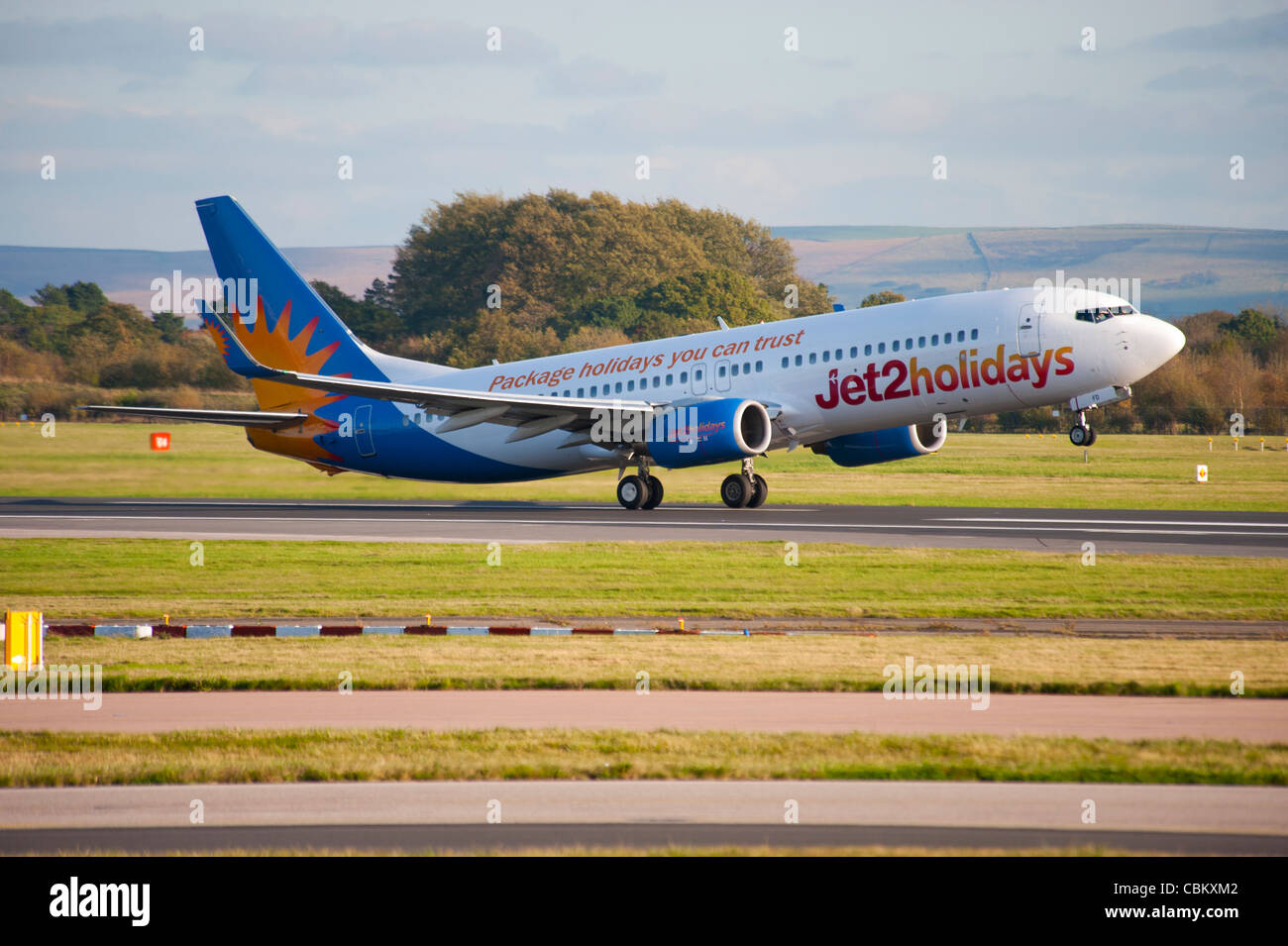 Jet2holidays on it`s way to it destination from Manchester Airport england Uk Stock Photo